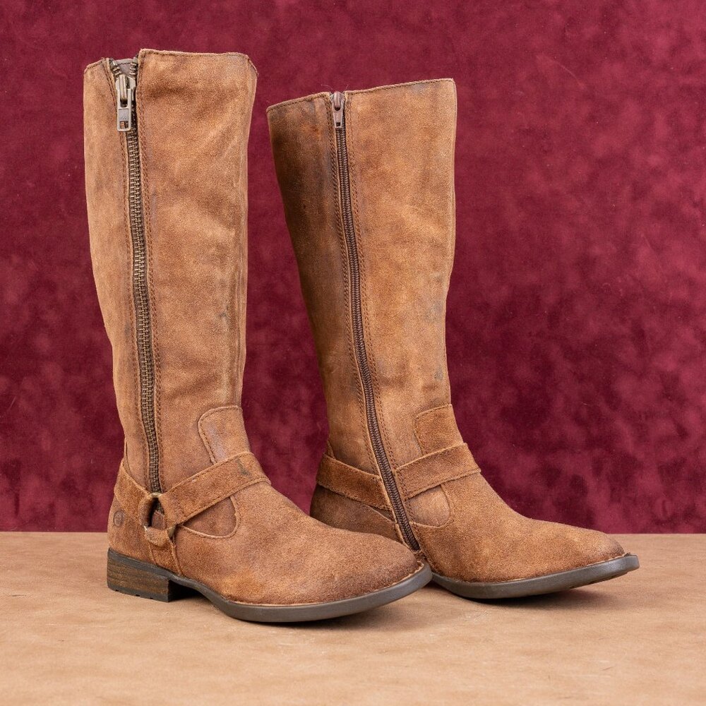 Born Women Harness Distress Brown Leather Zip Riding Knee Boots sz 5